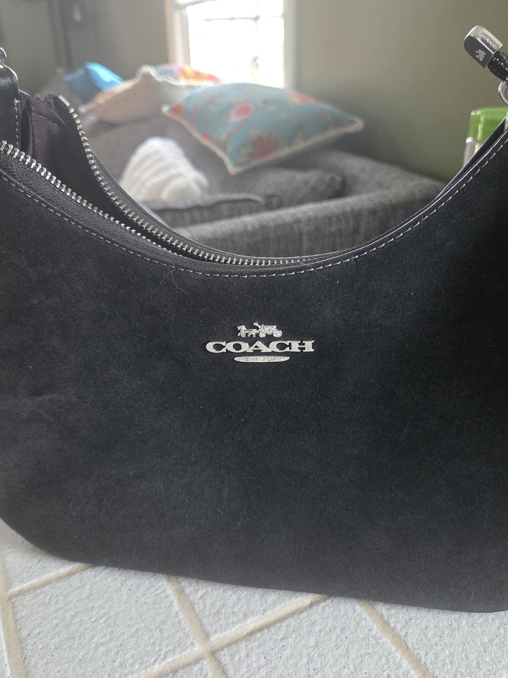 Coach Black Suede Shoulder Bag with Silver Logo